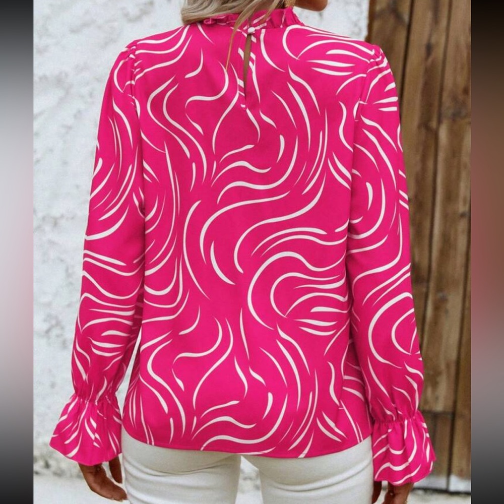 Hot pink Abstract Print Ruffle Frill Long Sleeve Top Blouse Shirt - Picture 3 of 6